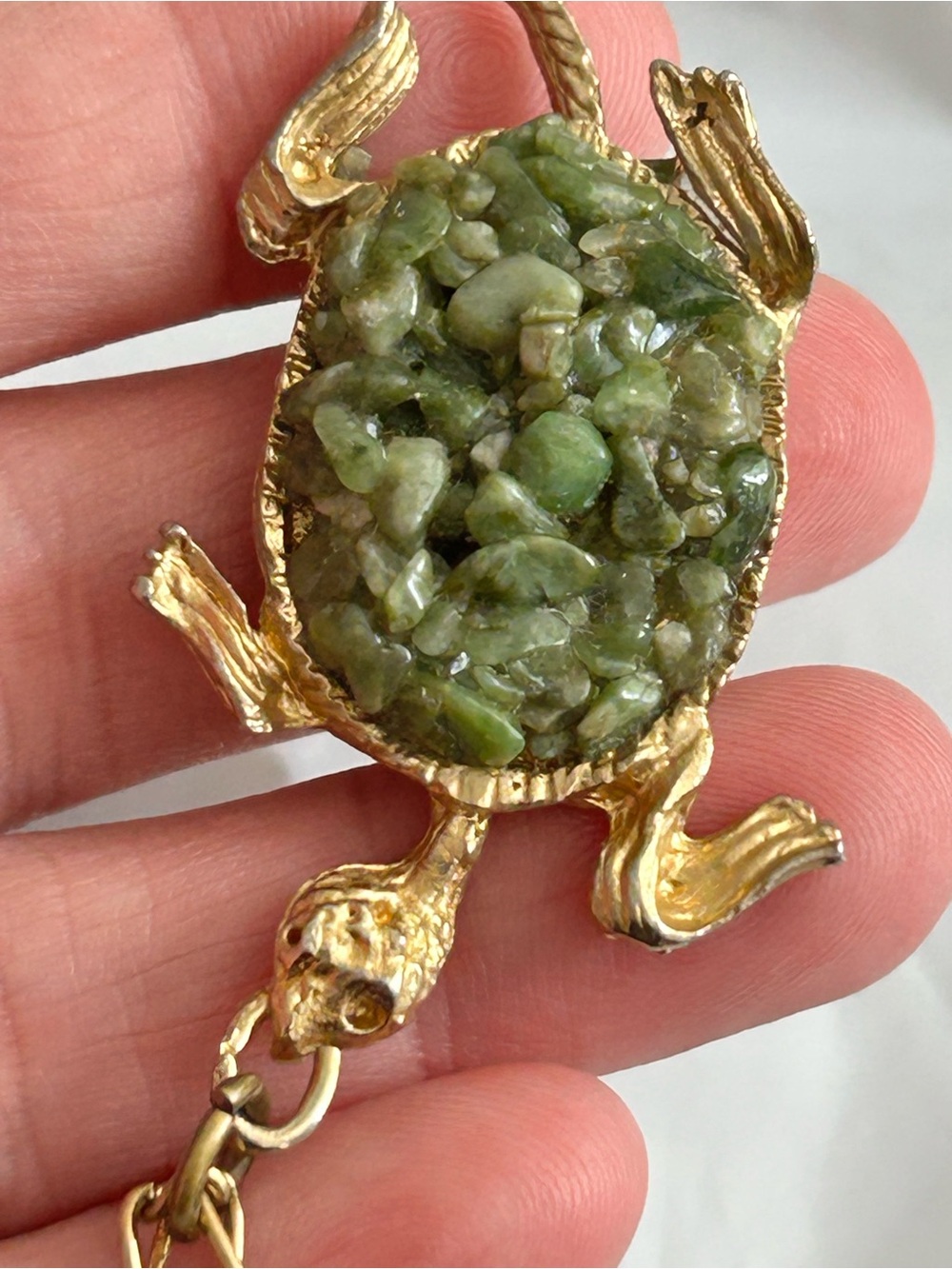 Gold Turtle Pendant with Green Stone Shell - Reptile Jewelry VTG